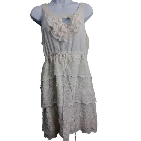 Sweet Sinammon Boho Smocked Eyelet Tiered Dress Size L Ruffle Whimsi Crochet - Picture 1 of 11
